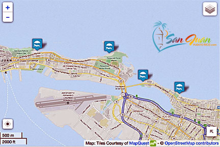 Map of Beaches in San Juan, Isla Verde <BR>& Best Hotels & Resorts on the Beach